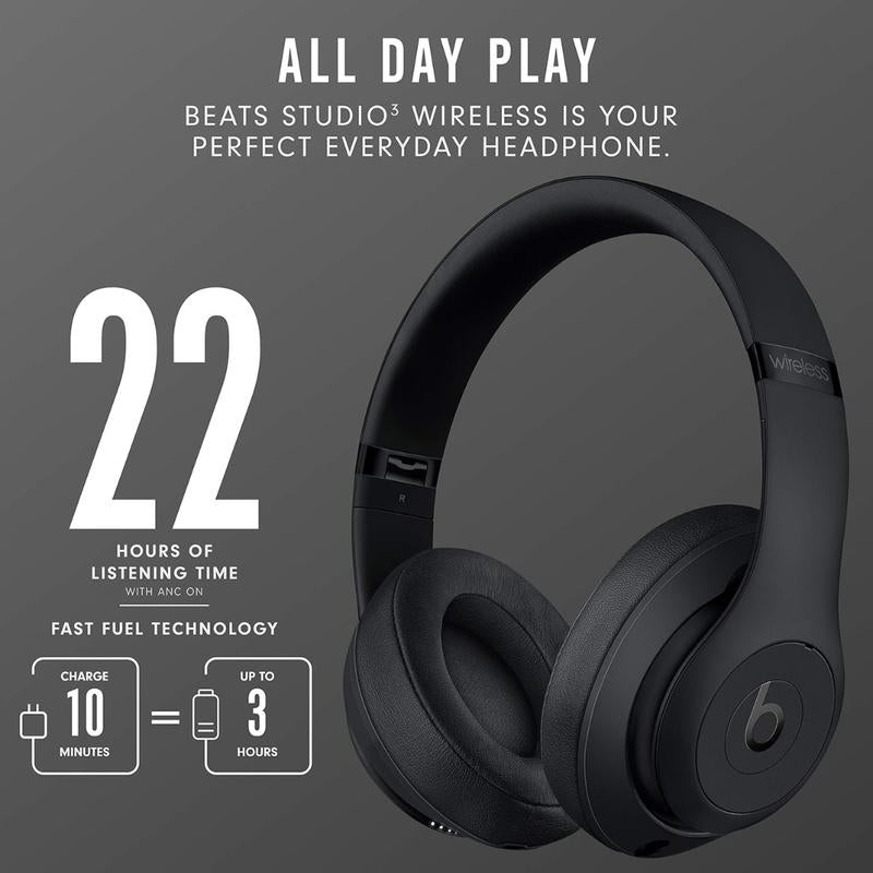 Beats Studio3 Wireless Noise Cancelling Over-Ear Headphones, Apple W1 Headphone Chip, Class 1 Bluetooth, 22 Hours of Listening Time, Built-In Microphone - Matte Black Audio Electronic
