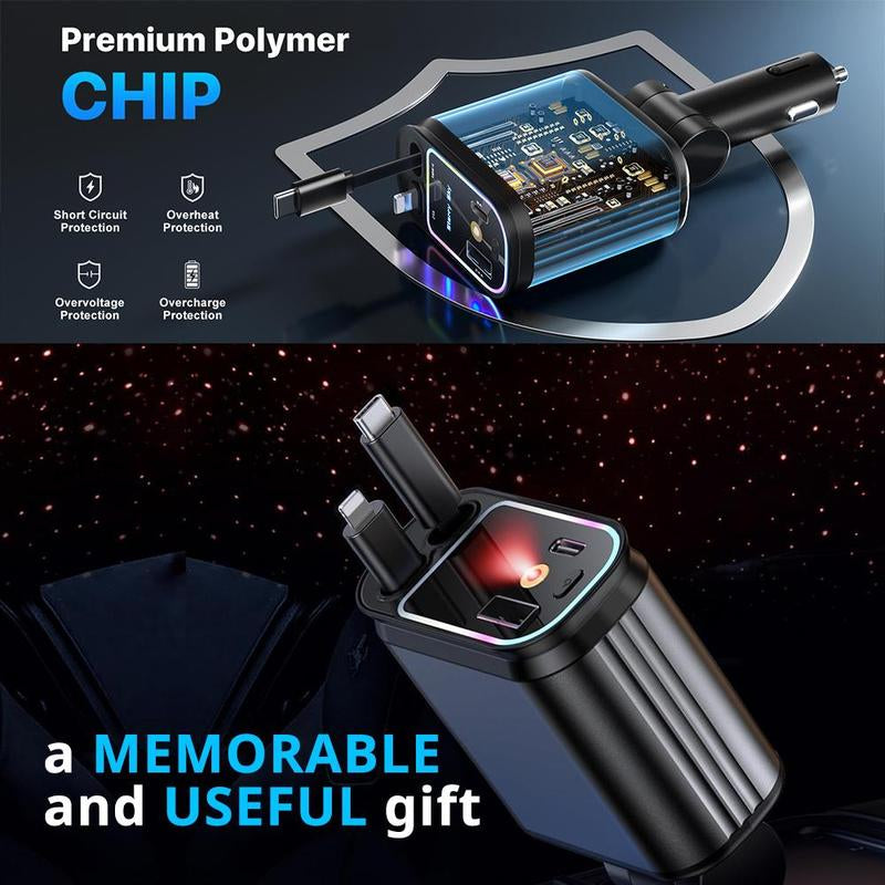 Decorative Light with 4 in 1 Retractable Car Charger Adapter, Starry Sky Light with 66W Fast Charging Car Charger, USB & Type C Ports Car Charger Compatible with Iphone & Android