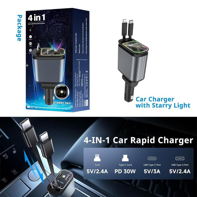 Decorative Light with 4 in 1 Retractable Car Charger Adapter, Starry Sky Light with 66W Fast Charging Car Charger, USB & Type C Ports Car Charger Compatible with Iphone & Android
