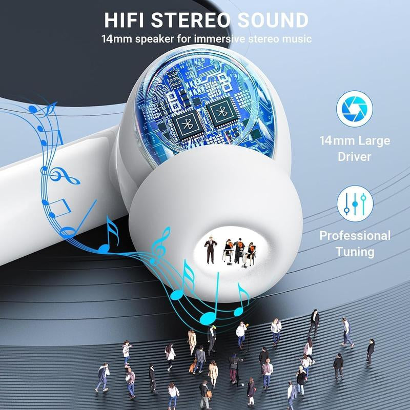 Bluetooth 5.4 Earphones 3D Stereo Wireless Earbuds with USB-C Charging Case for Office, Sports, Study and Audio Calls, Portable Wireless Audio Headset